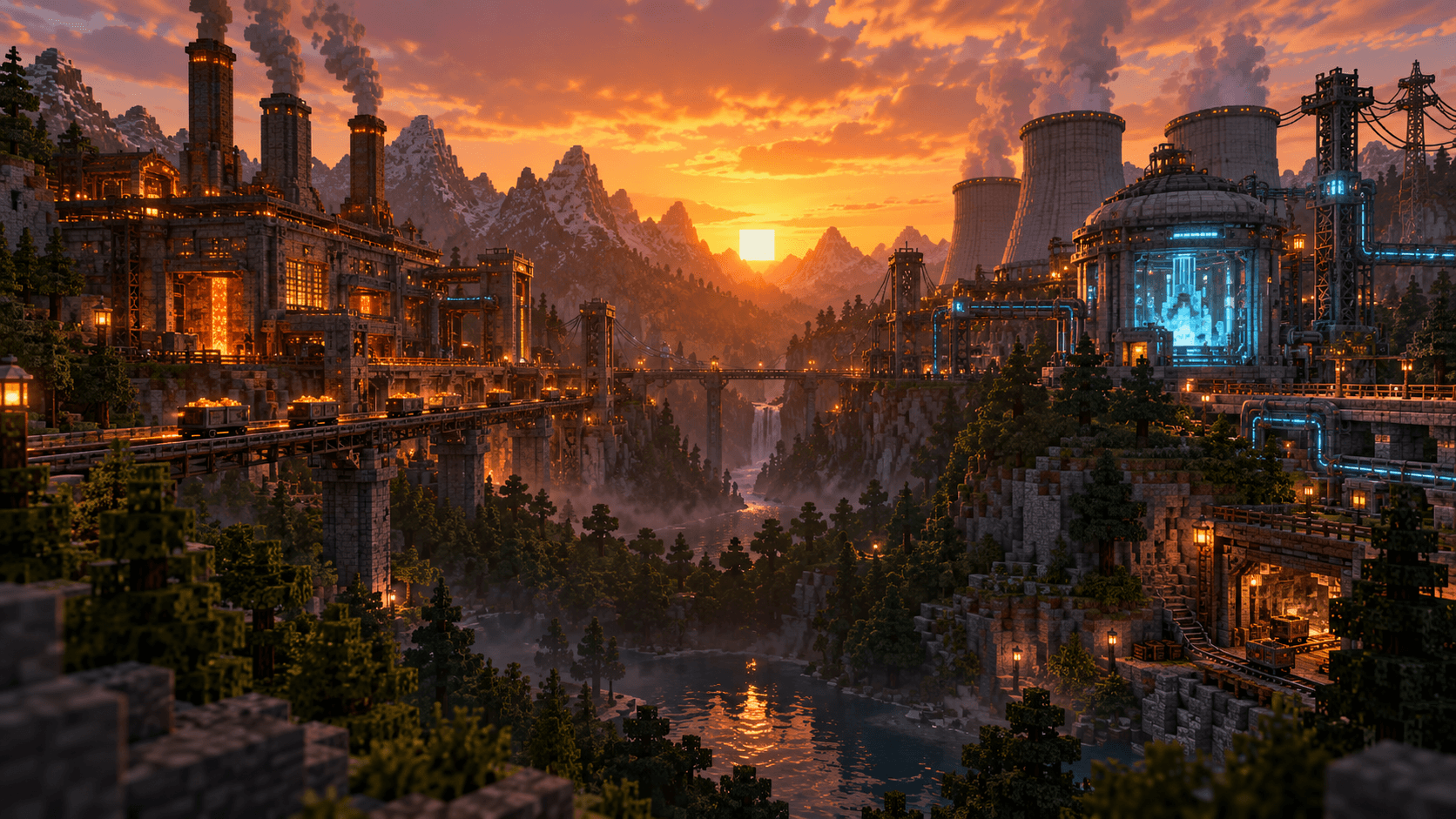 Завод Minecraft с печами, энергетическими установками и транспортными линиями